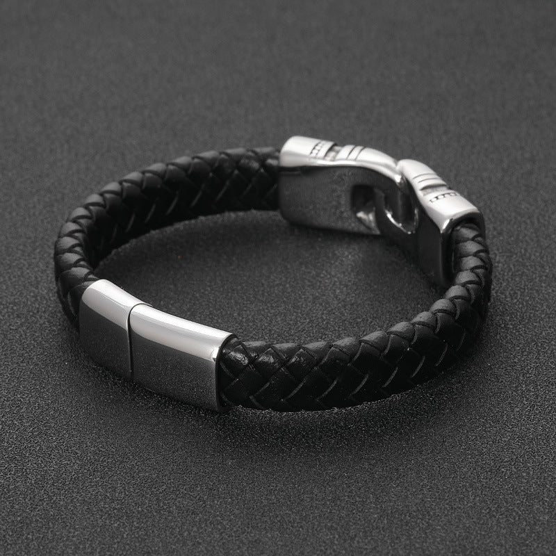 Stainless Steel and Black Braided Calf Leather