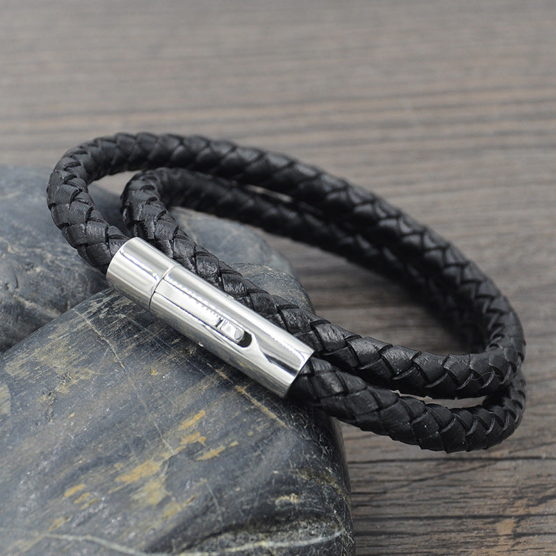 Two Layers Braided Black Leather with Stainless Steel Clasps