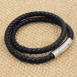 Two Layers Braided Black Leather with Stainless Steel Clasps