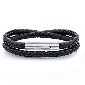 Two Layers Braided Black Leather with Stainless Steel Clasps