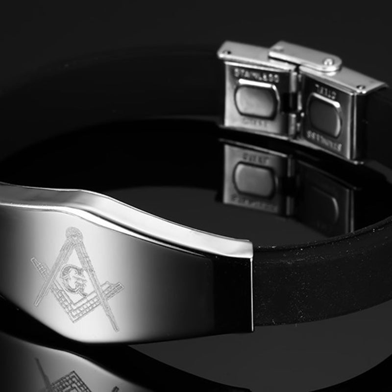 Stainless Steel Plate with Freemason Lasered Logo and Black Silicon Strap