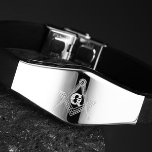 Stainless Steel Plate with Freemason Lasered Logo and Black Silicon Strap