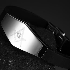 Stainless Steel Plate with Freemason Lasered Logo and Black Silicon Strap