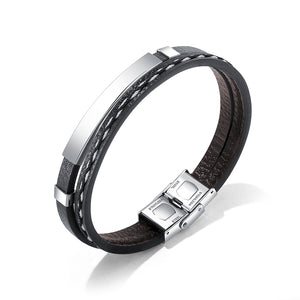 Stainless Steel Plate with Black Calf Leather Interlaced with White and Black Stitching