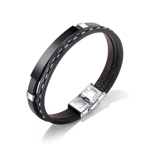 Stainless Steel Plate with Black Calf Leather Interlaced with White and Black Stitching