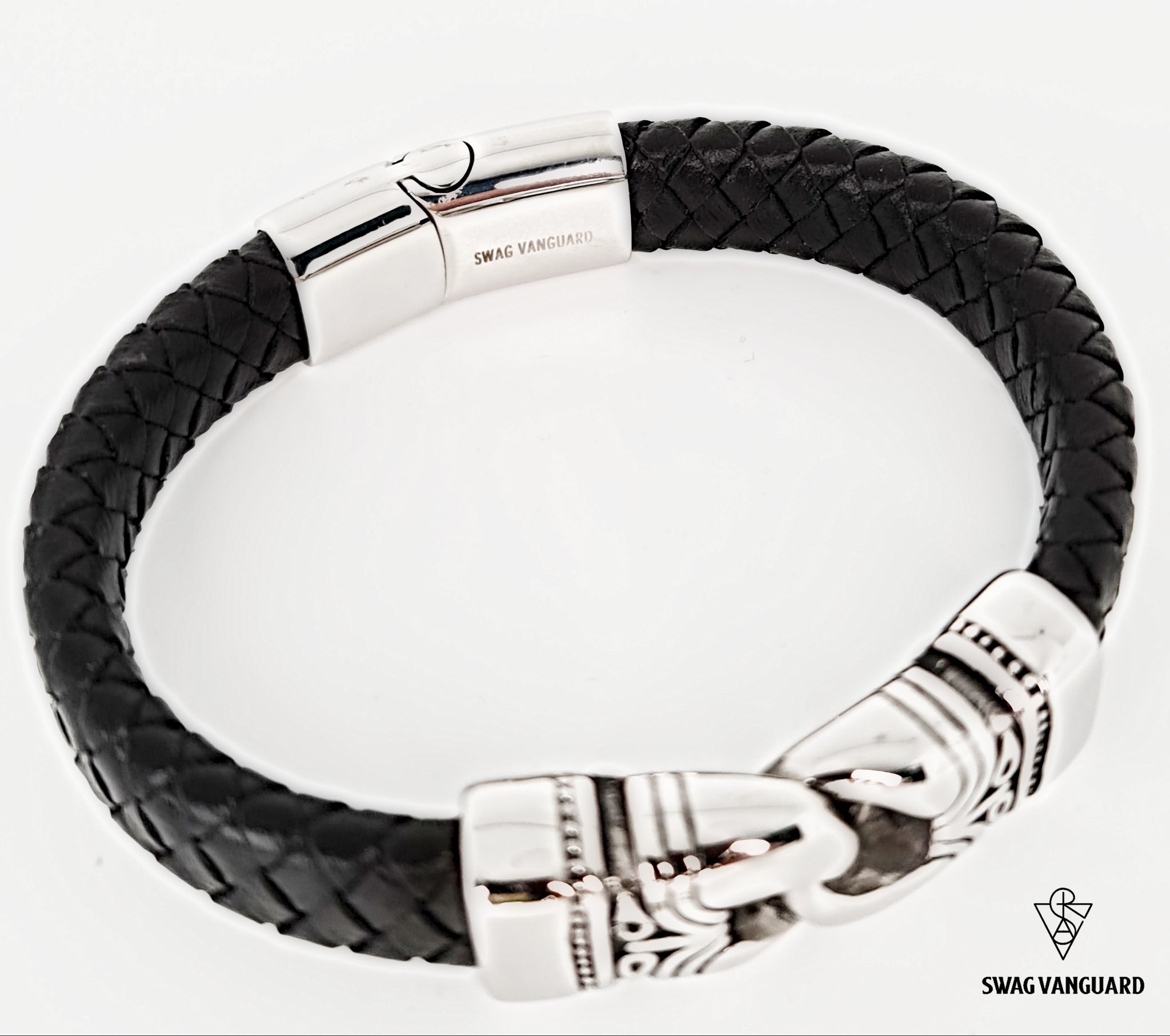 Stainless Steel and Black Braided Calf Leather