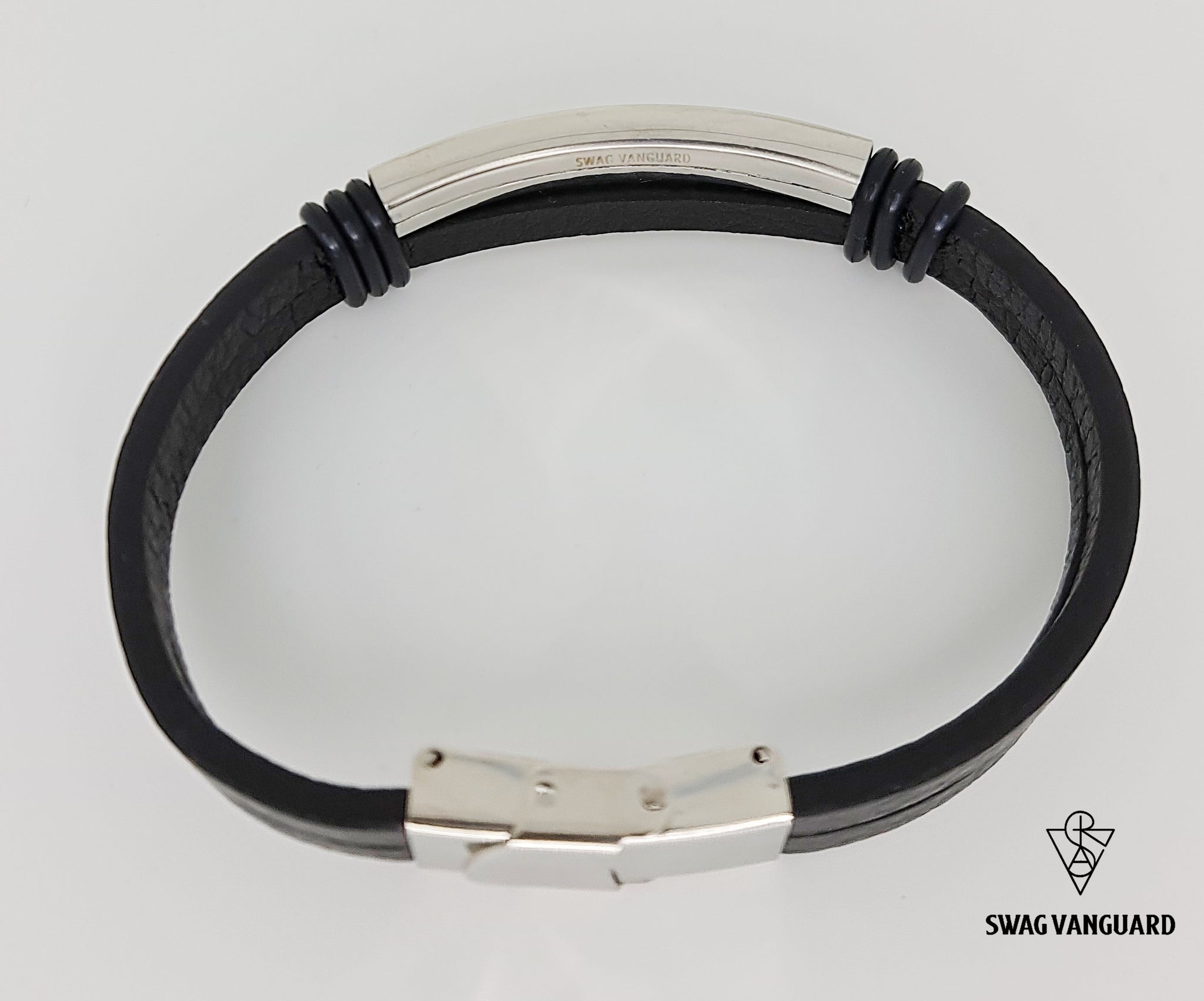 Stainless Steel Plate and Clasps with Black Calf Leather