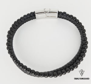 Stainless Steel Clasps, Black Braided Calf Leather and 4mm Black Beads