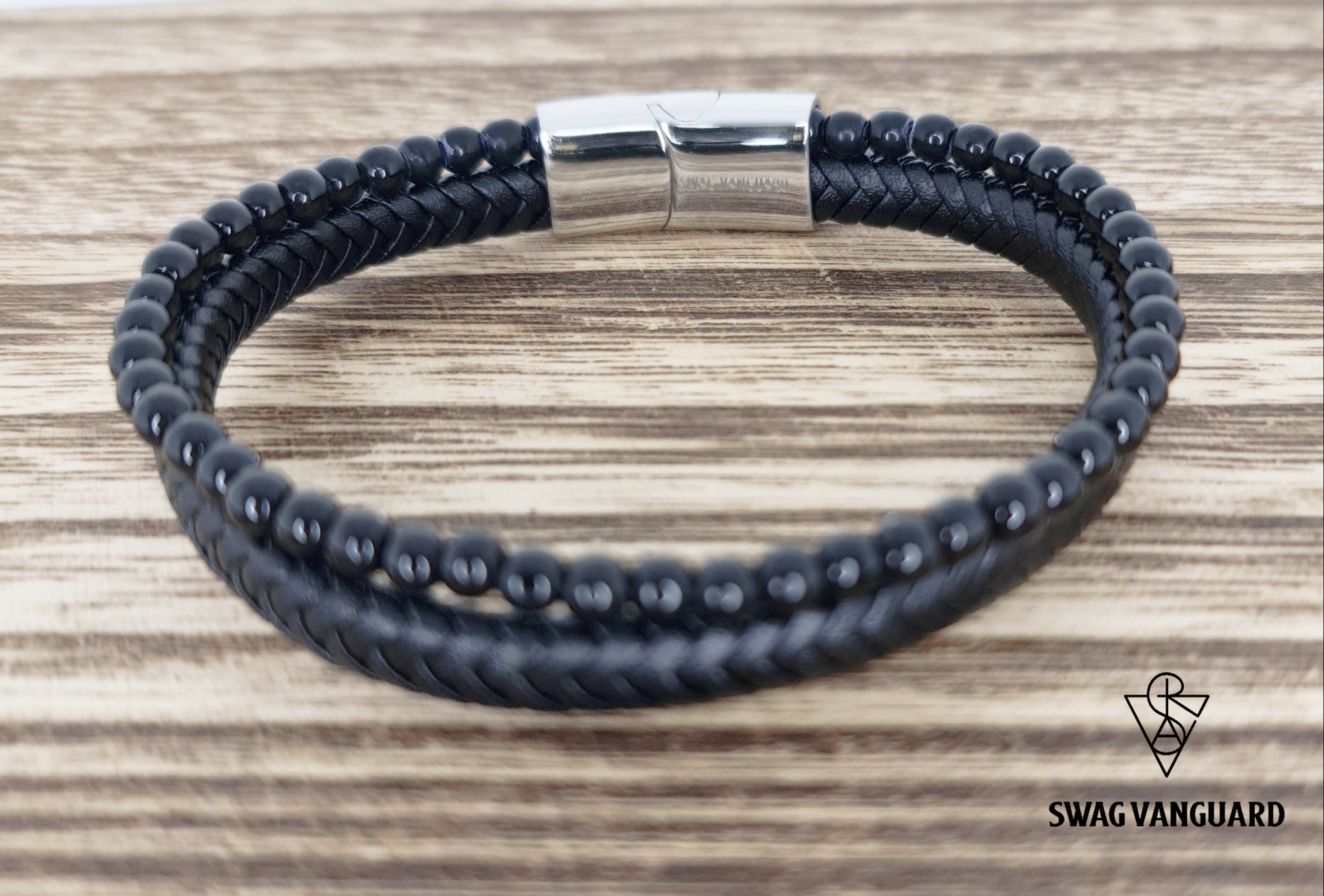 Stainless Steel Clasps, Black Braided Calf Leather and 4mm Black Beads