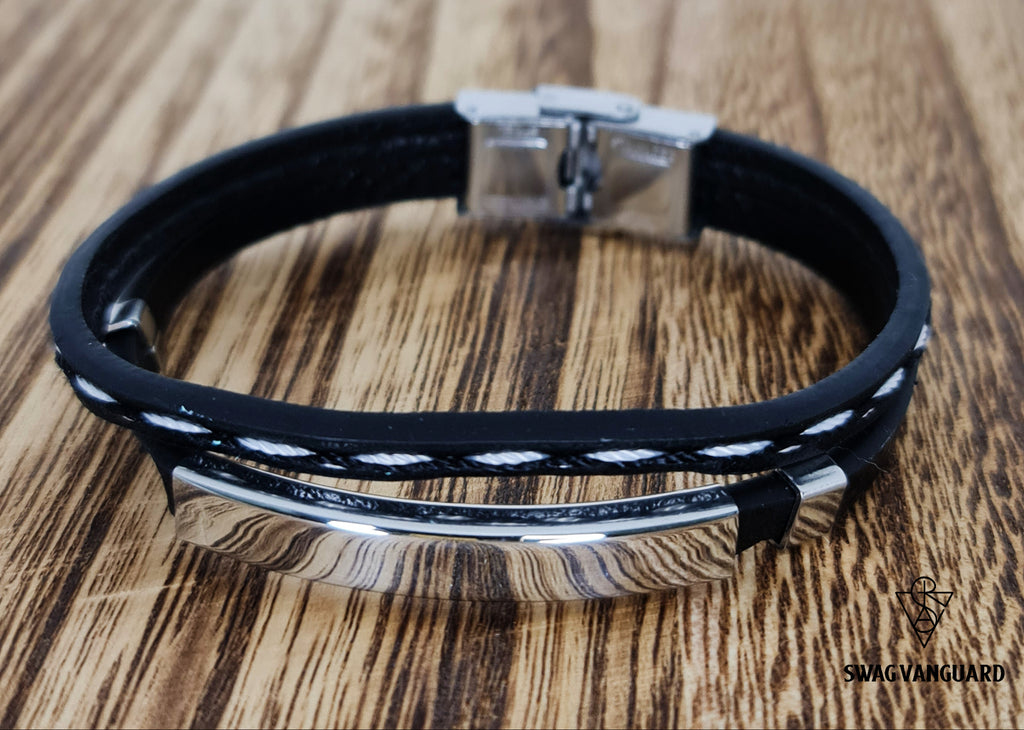 Stainless Steel Plate with Black Calf Leather Interlaced with White and Black Stitching