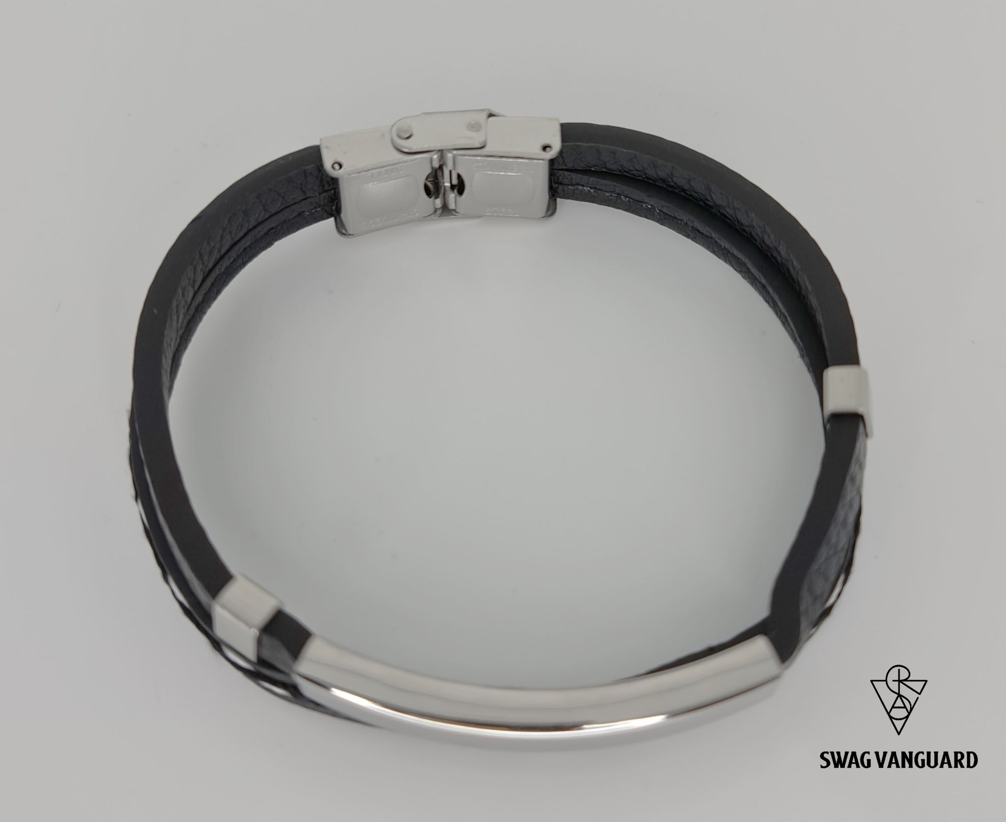 Stainless Steel Plate with Black Calf Leather Interlaced with White and Black Stitching