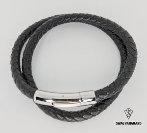 Two Layers Braided Black Leather with Stainless Steel Clasps