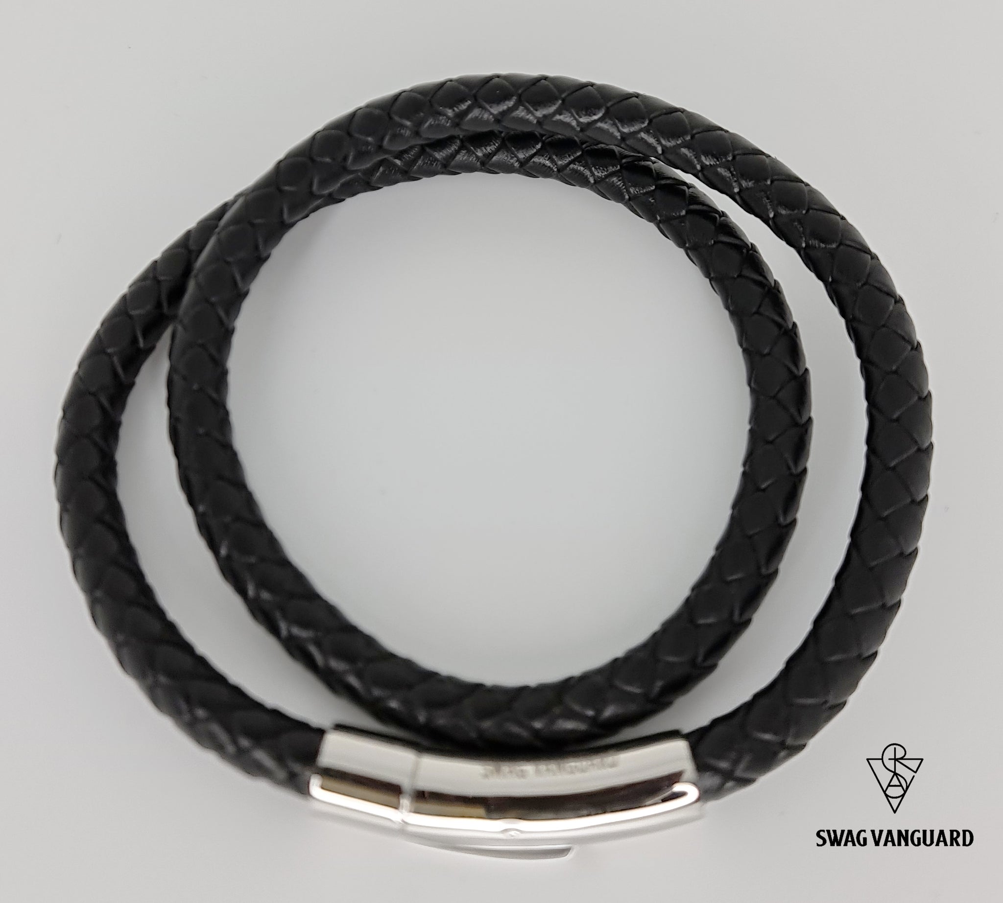 Two Layers Braided Black Leather with Stainless Steel Clasps