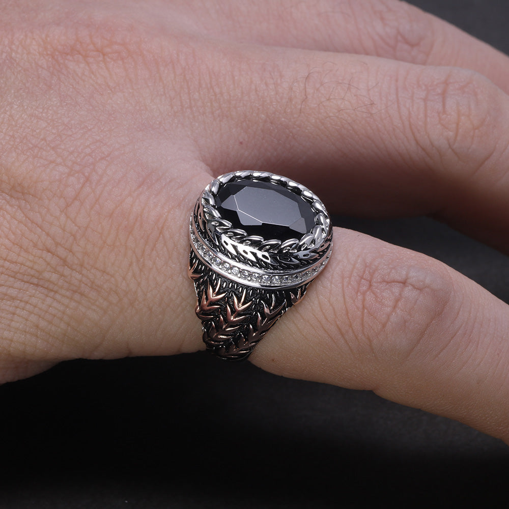 Pure 925 Sterling Silver with Natural Black Agate and Zircon Stone