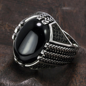 Pure 925 Sterling Silver Rings With Black Agate and Black Zircon Stone