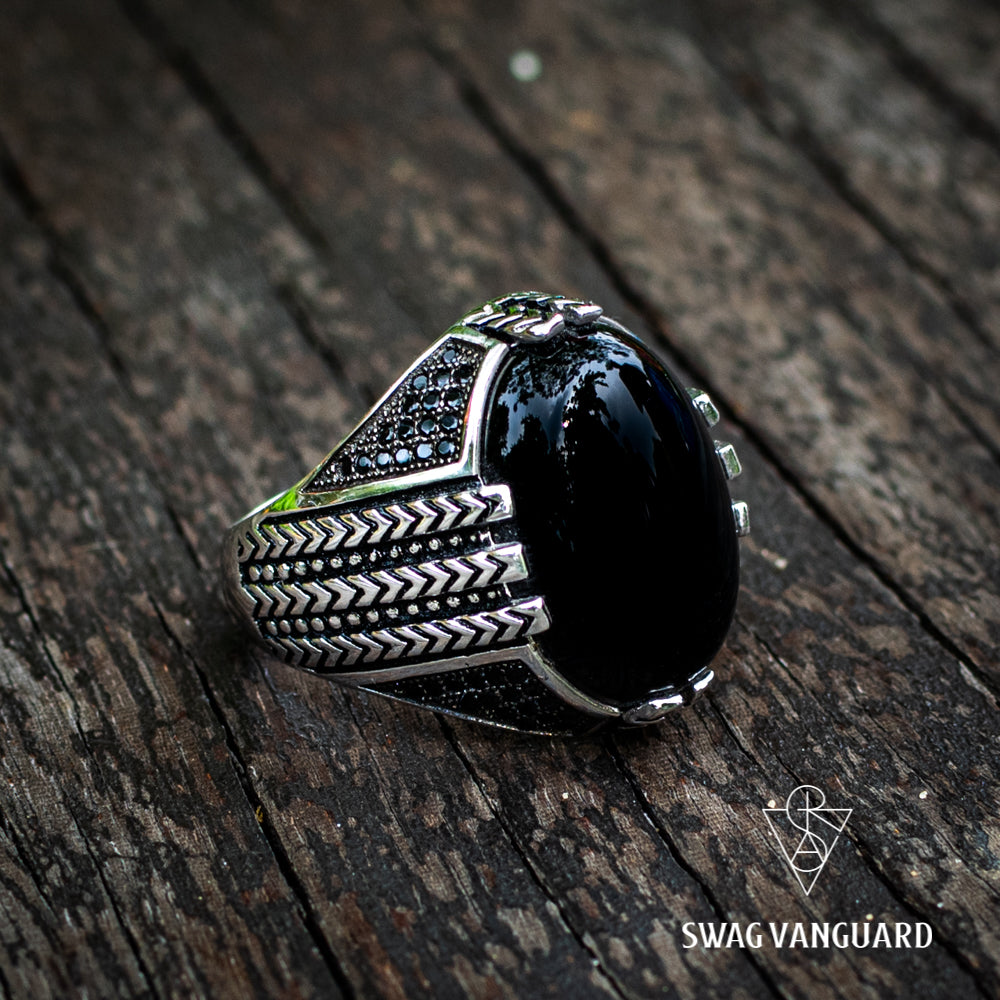 Pure 925 Sterling Silver Rings With Black Agate and Black Zircon Stone